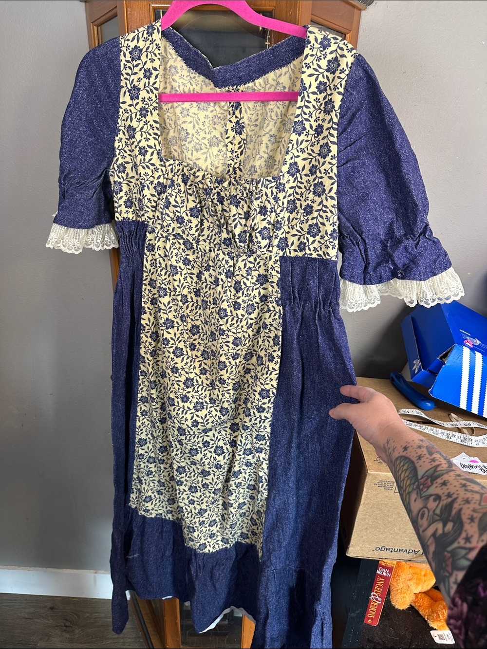 Vintage Navy Blue Dress with Cream Floral Front Panel